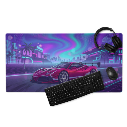 Ferrari 488 Challenge Evo Inspired Red Purple Vaporwave Gaming Mouse Pad – Neon City Raceway Desk Mat, Retro Futuristic Supercar Digital Artwork