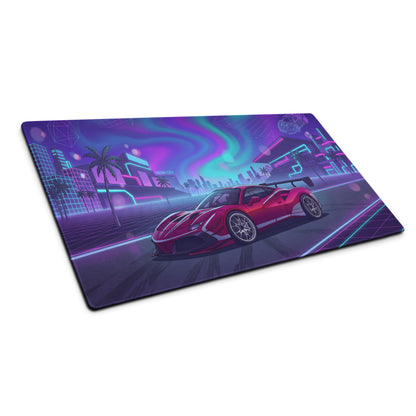 Ferrari 488 Challenge Evo Inspired Red Purple Vaporwave Gaming Mouse Pad – Neon City Raceway Desk Mat, Retro Futuristic Supercar Digital Artwork