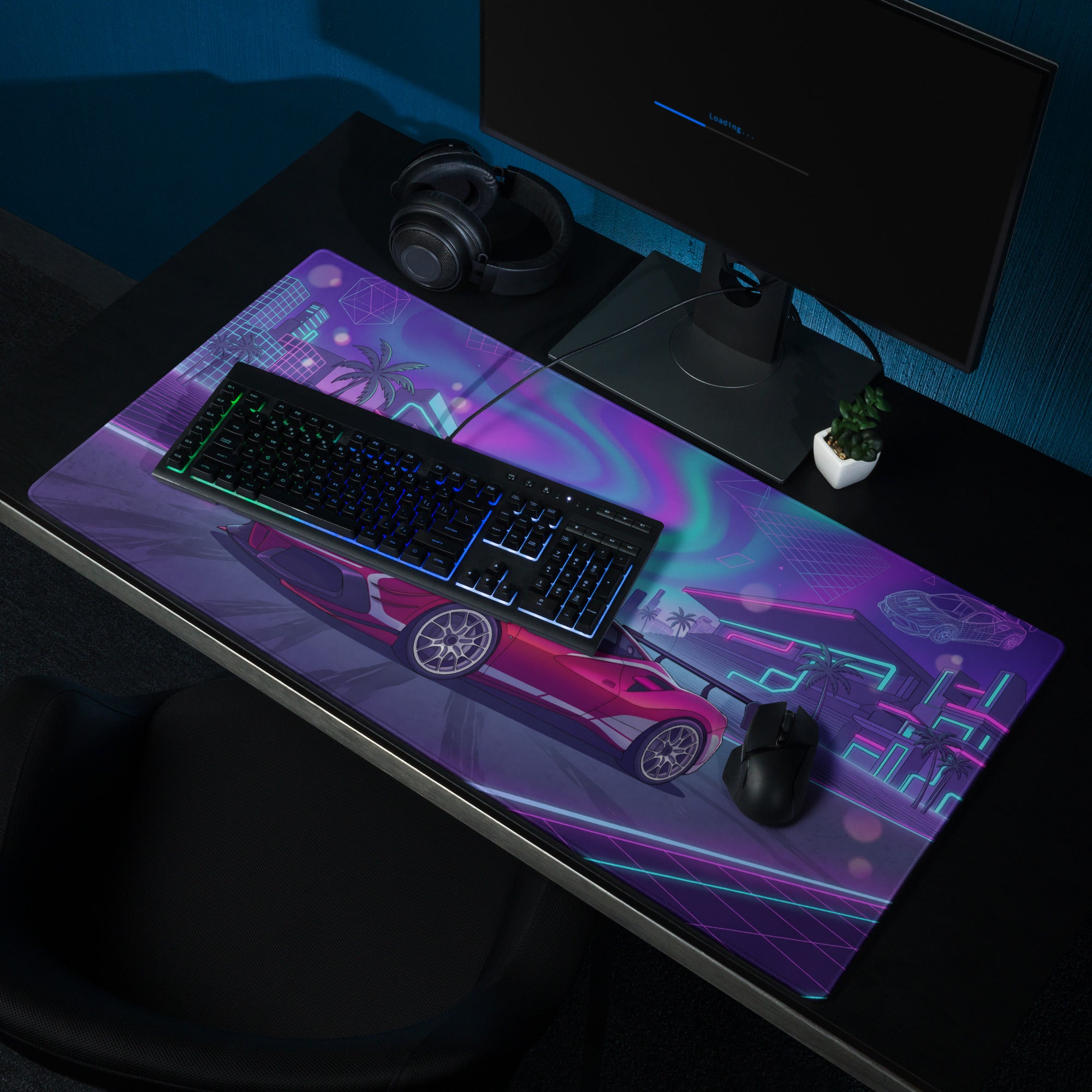 Ferrari 488 Challenge Evo Inspired Red Purple Vaporwave Gaming Mouse Pad – Neon City Raceway Desk Mat, Retro Futuristic Supercar Digital Artwork