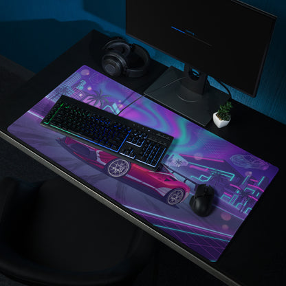 Ferrari 488 Challenge Evo Inspired Red Purple Vaporwave Gaming Mouse Pad – Neon City Raceway Desk Mat, Retro Futuristic Supercar Digital Artwork