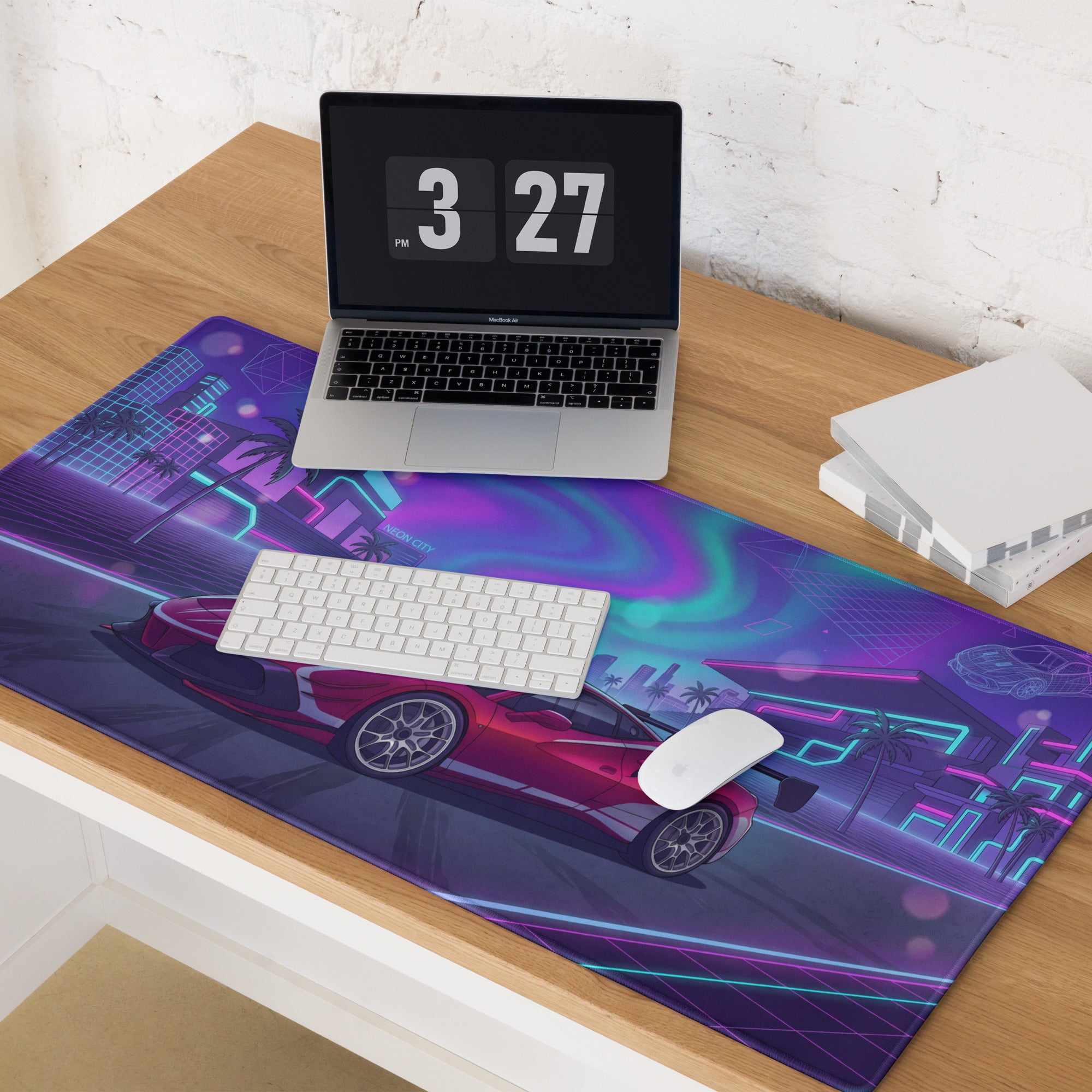 Ferrari 488 Challenge Evo Inspired Red Purple Vaporwave Gaming Mouse Pad – Neon City Raceway Desk Mat, Retro Futuristic Supercar Digital Artwork