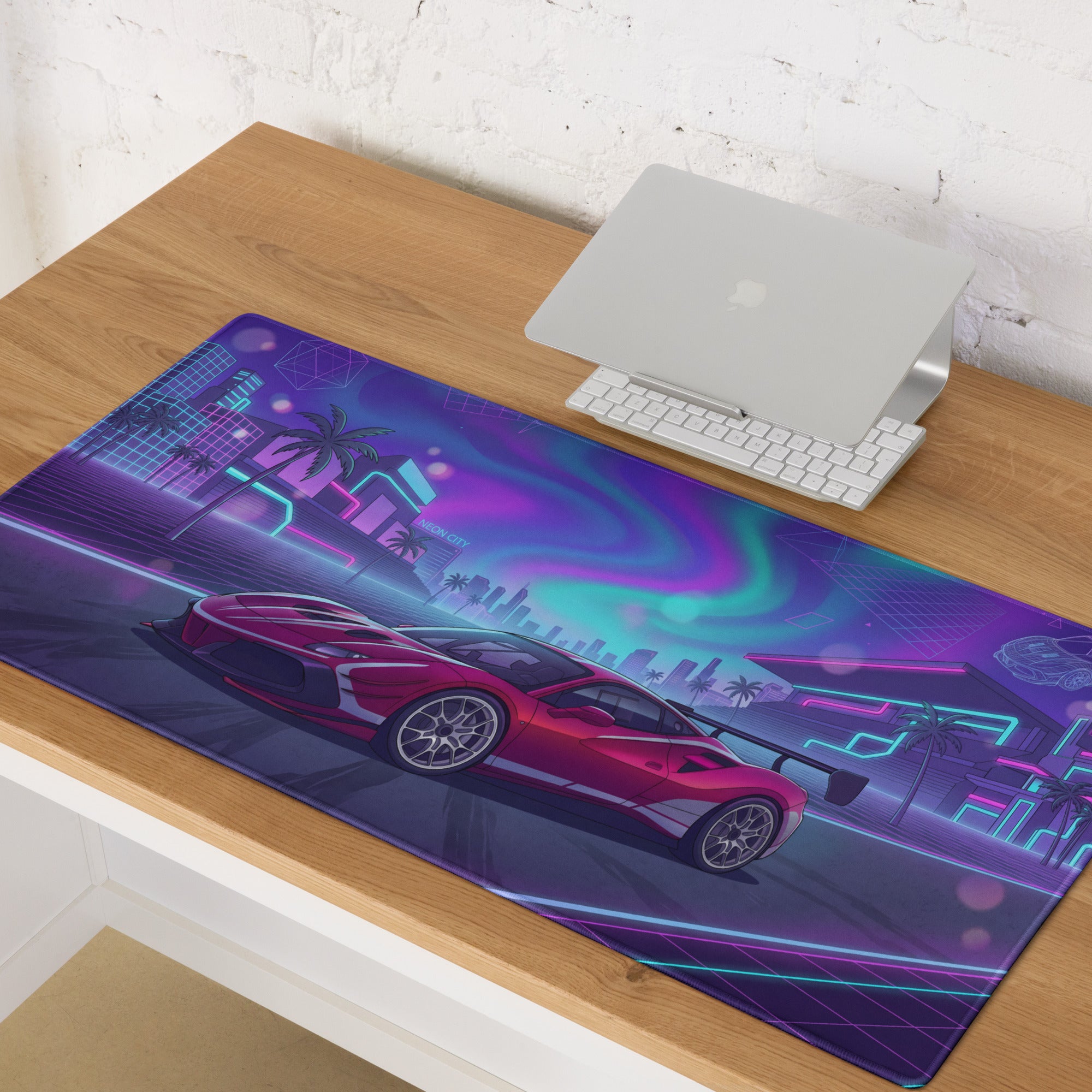 Ferrari 488 Challenge Evo Inspired Red Purple Vaporwave Gaming Mouse Pad – Neon City Raceway Desk Mat, Retro Futuristic Supercar Digital Artwork