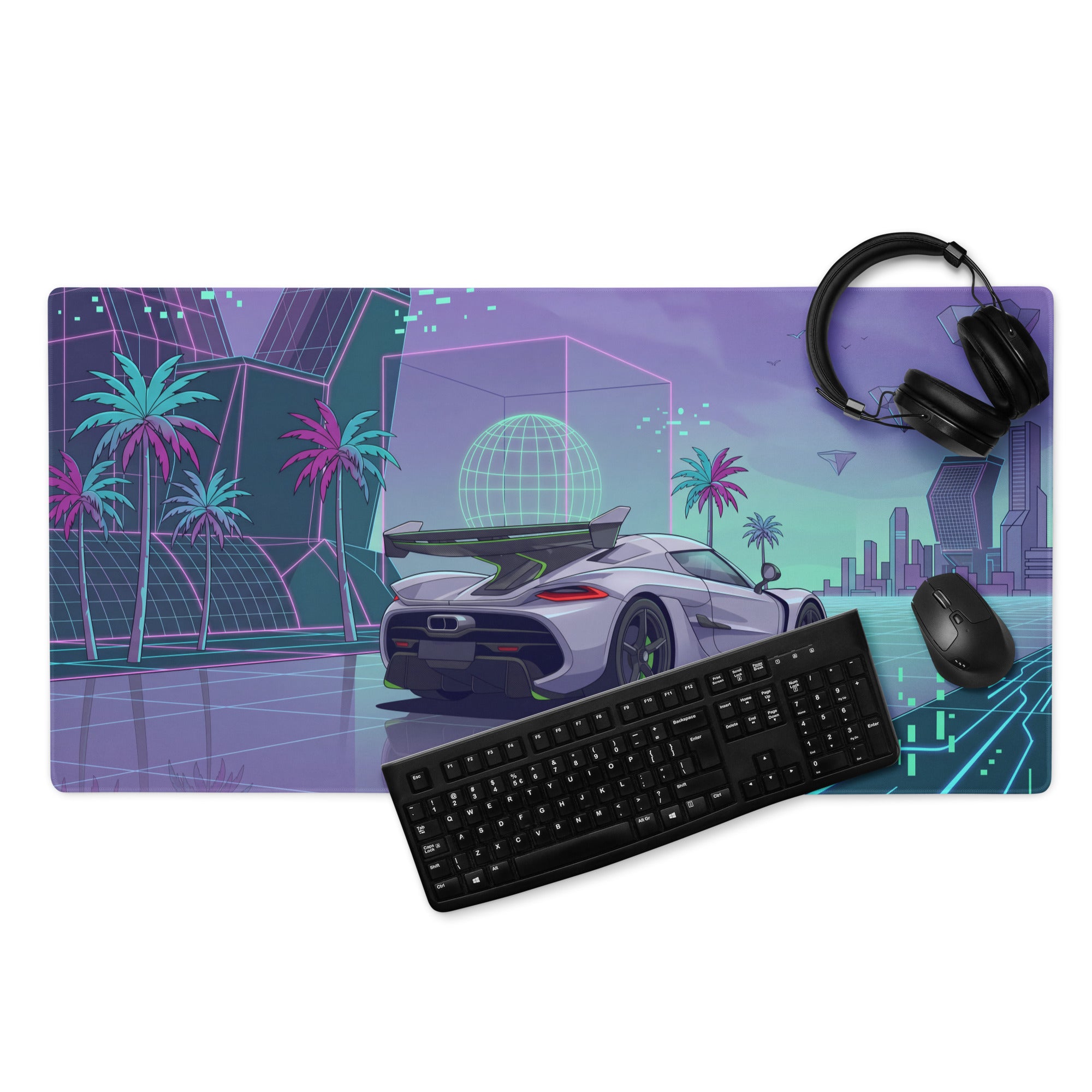 Koenigsegg Jesko Attack Inspired White Purple Vaporwave Gaming Mouse Pad – Neon Cyber City Desk Mat, Retro Futuristic Hypercar Digital Artwork