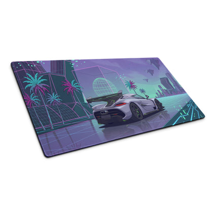 Koenigsegg Jesko Attack Inspired White Purple Vaporwave Gaming Mouse Pad – Neon Cyber City Desk Mat, Retro Futuristic Hypercar Digital Artwork