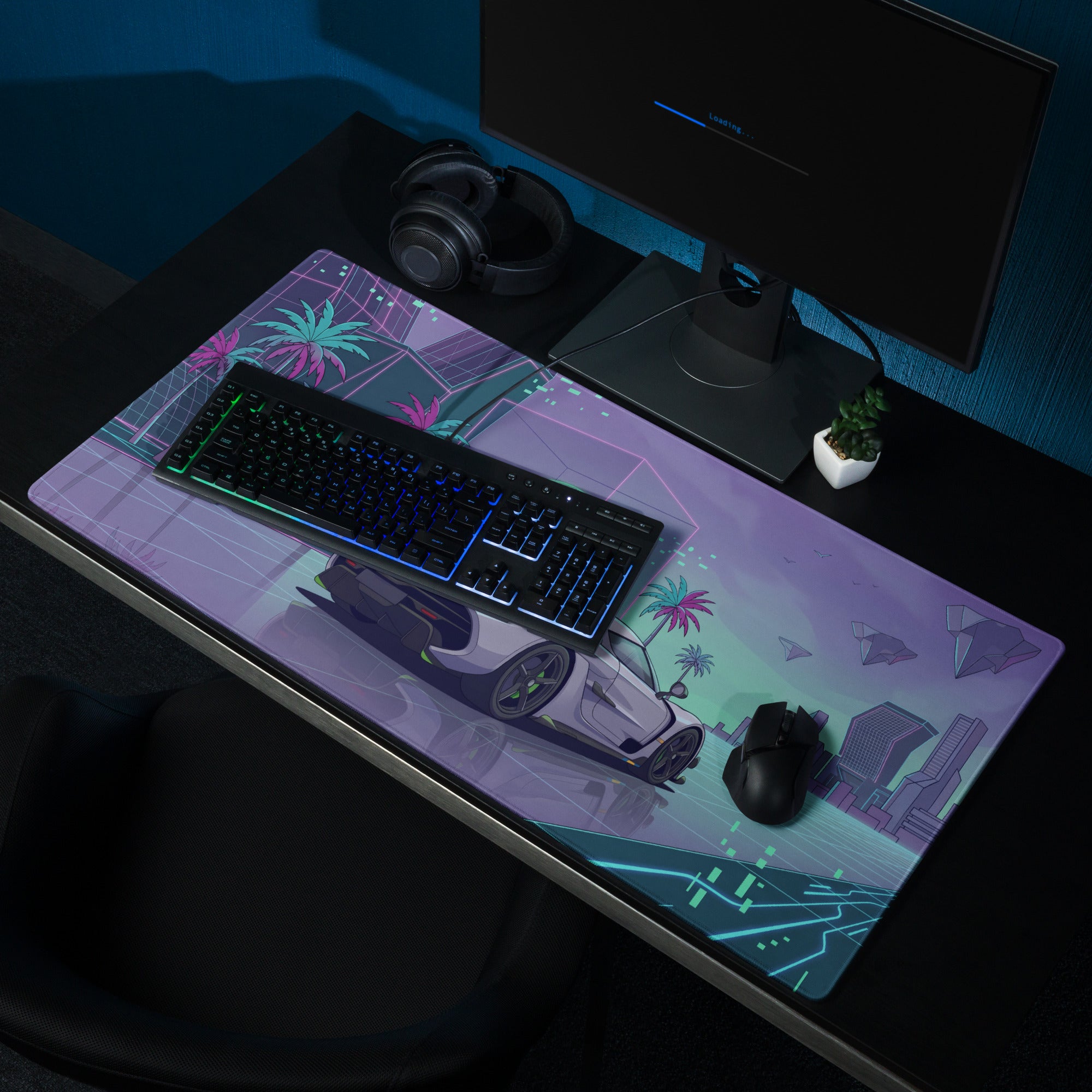 Koenigsegg Jesko Attack Inspired White Purple Vaporwave Gaming Mouse Pad – Neon Cyber City Desk Mat, Retro Futuristic Hypercar Digital Artwork