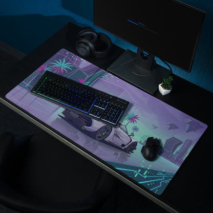 Koenigsegg Jesko Attack Inspired White Purple Vaporwave Gaming Mouse Pad – Neon Cyber City Desk Mat, Retro Futuristic Hypercar Digital Artwork