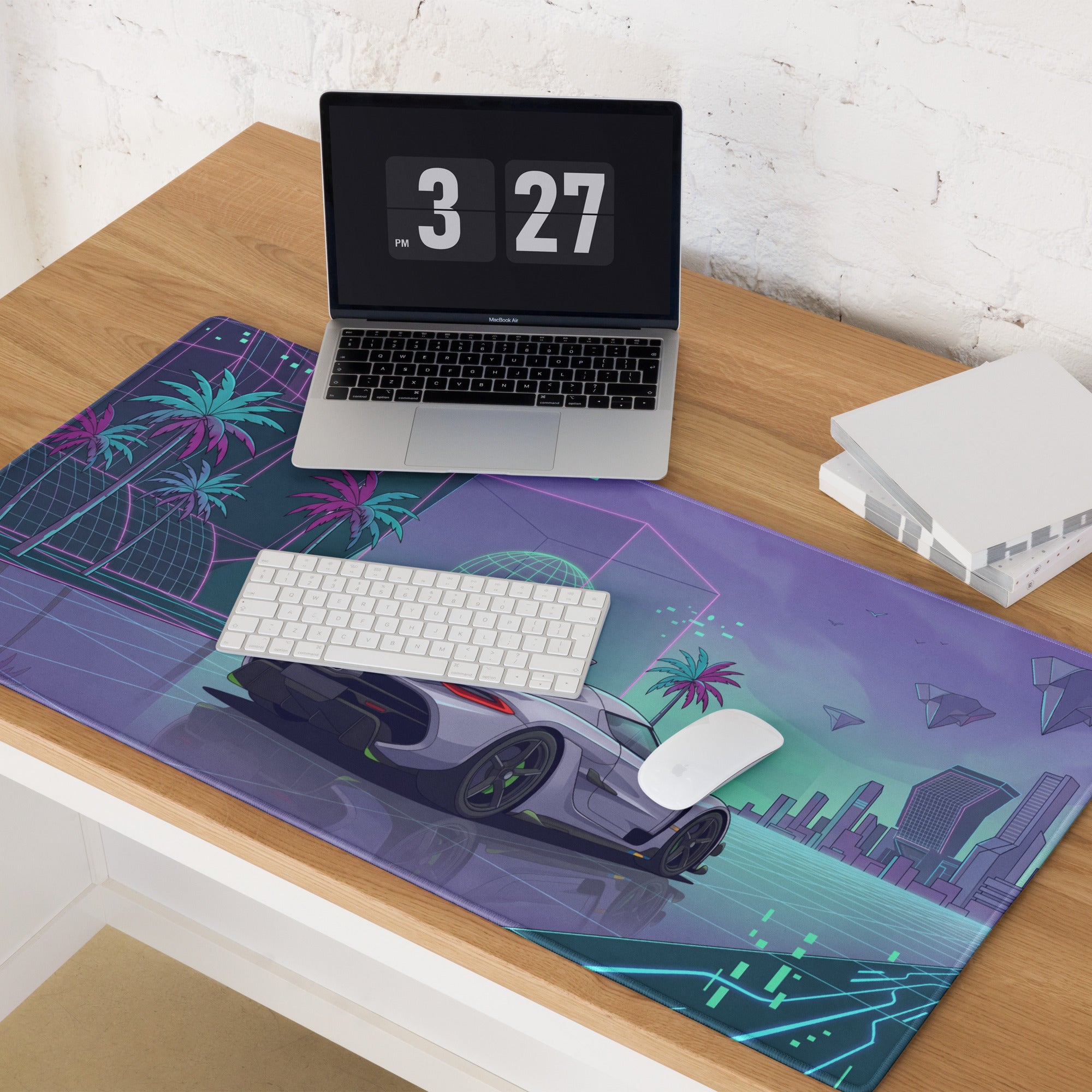 Koenigsegg Jesko Attack Inspired White Purple Vaporwave Gaming Mouse Pad – Neon Cyber City Desk Mat, Retro Futuristic Hypercar Digital Artwork