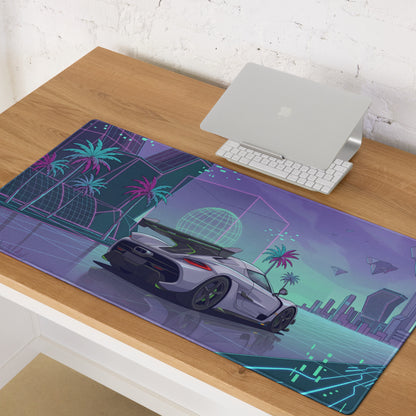 Koenigsegg Jesko Attack Inspired White Purple Vaporwave Gaming Mouse Pad – Neon Cyber City Desk Mat, Retro Futuristic Hypercar Digital Artwork