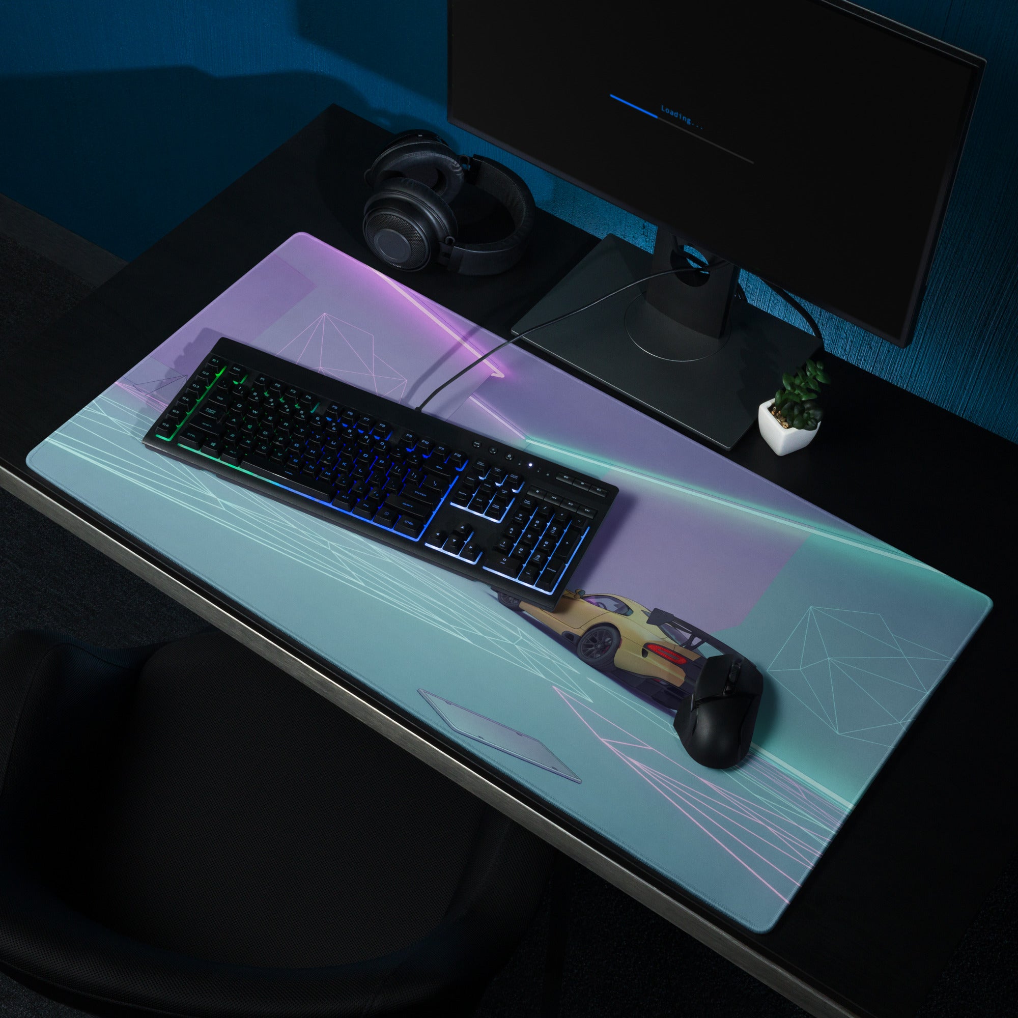 Dodge Viper ACR Inspired Gold Cyan Vaporwave Gaming Mouse Pad – Futuristic Neon Garage Desk Mat, Retro Geometric Supercar Digital Artwork