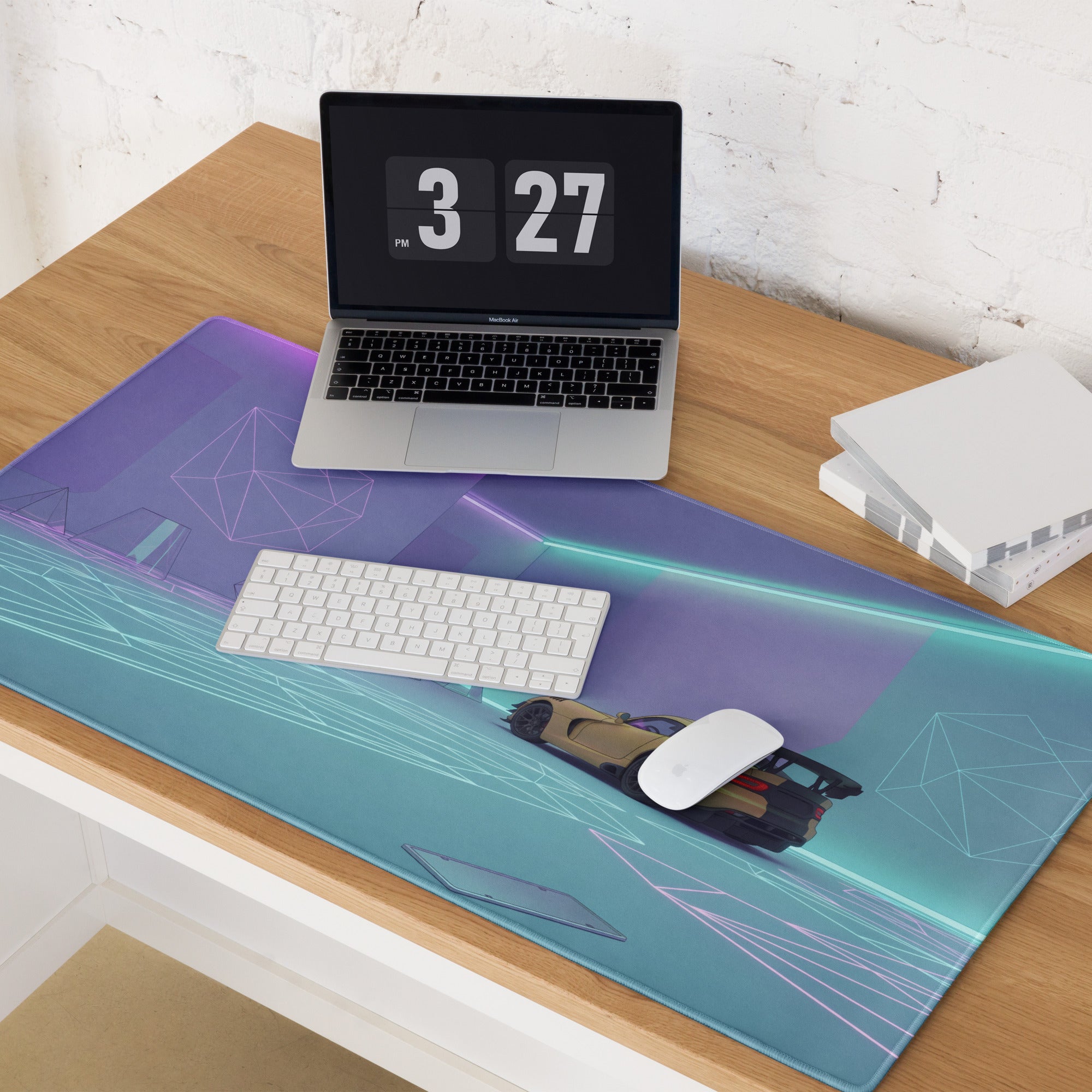 Dodge Viper ACR Inspired Gold Cyan Vaporwave Gaming Mouse Pad – Futuristic Neon Garage Desk Mat, Retro Geometric Supercar Digital Artwork