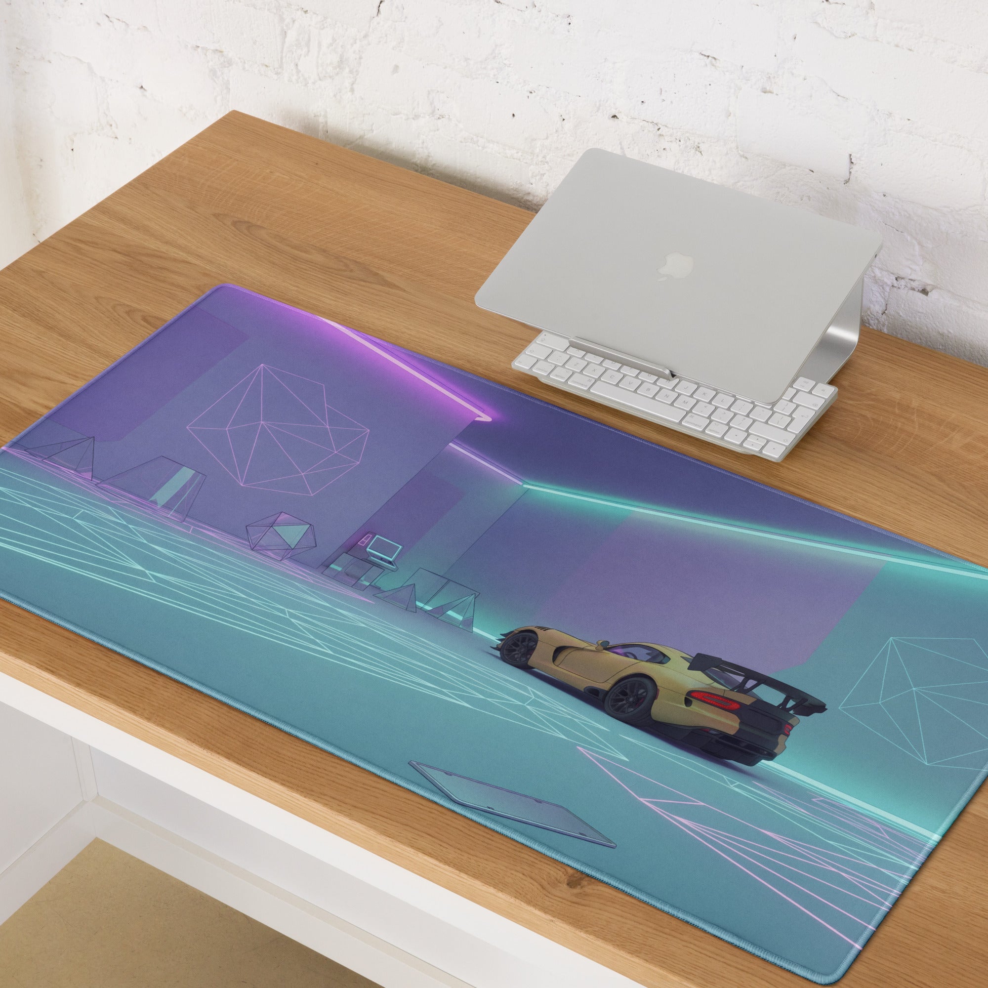 Dodge Viper ACR Inspired Gold Cyan Vaporwave Gaming Mouse Pad – Futuristic Neon Garage Desk Mat, Retro Geometric Supercar Digital Artwork