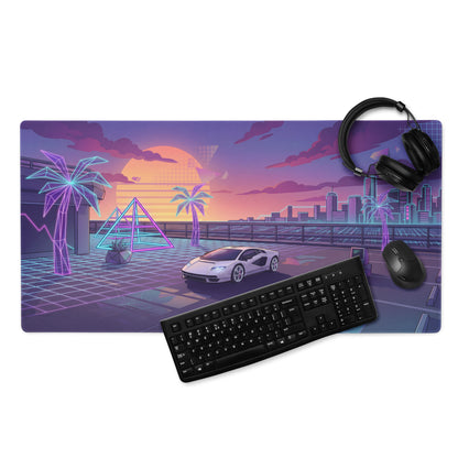 Lamborghini Countach Inspired White Purple Vaporwave Gaming Mouse Pad – Neon Sunset City Desk Mat, Retro Futuristic Supercar Digital Artwork