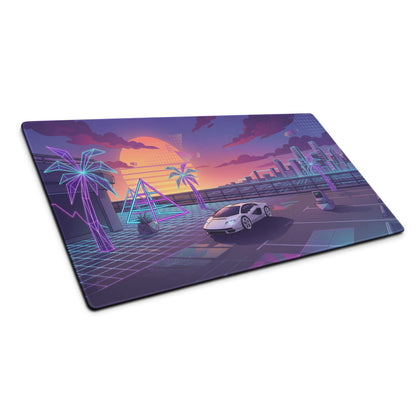 Lamborghini Countach Inspired White Purple Vaporwave Gaming Mouse Pad – Neon Sunset City Desk Mat, Retro Futuristic Supercar Digital Artwork
