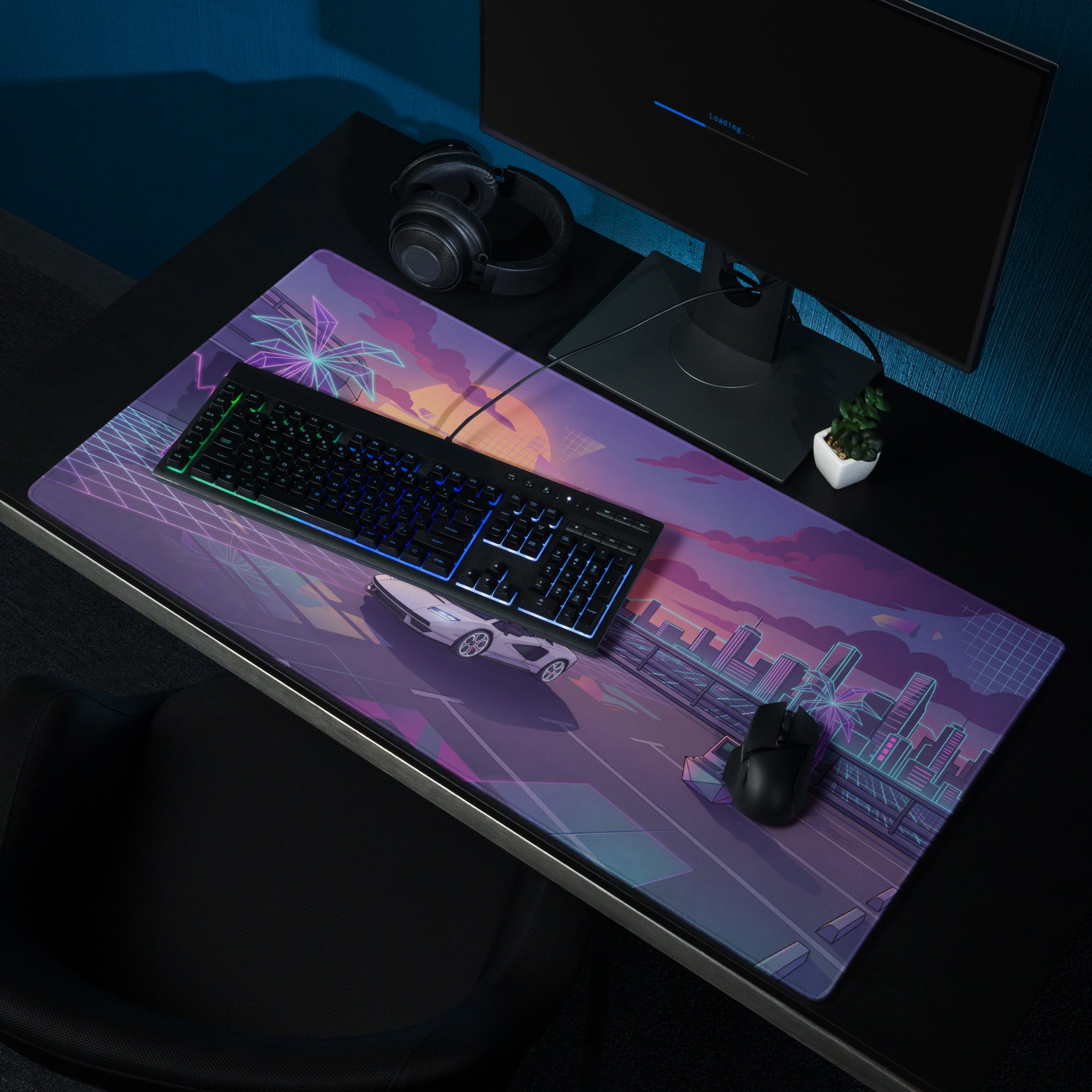 Lamborghini Countach Inspired White Purple Vaporwave Gaming Mouse Pad – Neon Sunset City Desk Mat, Retro Futuristic Supercar Digital Artwork