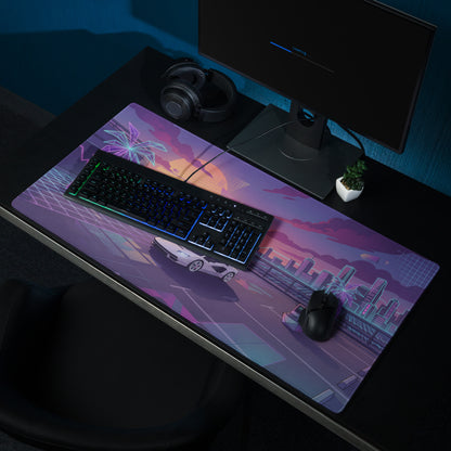 Lamborghini Countach Inspired White Purple Vaporwave Gaming Mouse Pad – Neon Sunset City Desk Mat, Retro Futuristic Supercar Digital Artwork