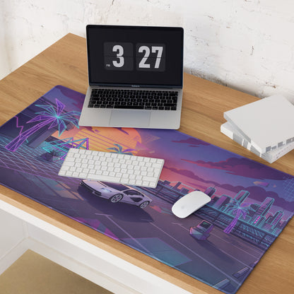 Lamborghini Countach Inspired White Purple Vaporwave Gaming Mouse Pad – Neon Sunset City Desk Mat, Retro Futuristic Supercar Digital Artwork
