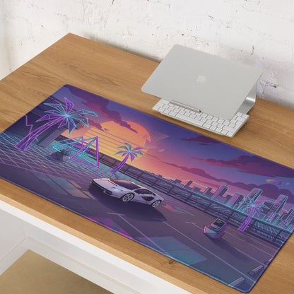 Lamborghini Countach Inspired White Purple Vaporwave Gaming Mouse Pad – Neon Sunset City Desk Mat, Retro Futuristic Supercar Digital Artwork