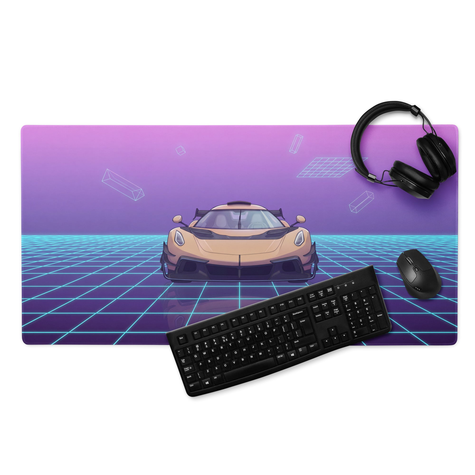 Koenigsegg Jesko Inspired Gold Cyan Vaporwave Gaming Mouse Pad – Neon Grid Desk Mat, Retro Futuristic Hypercar Digital Artwork