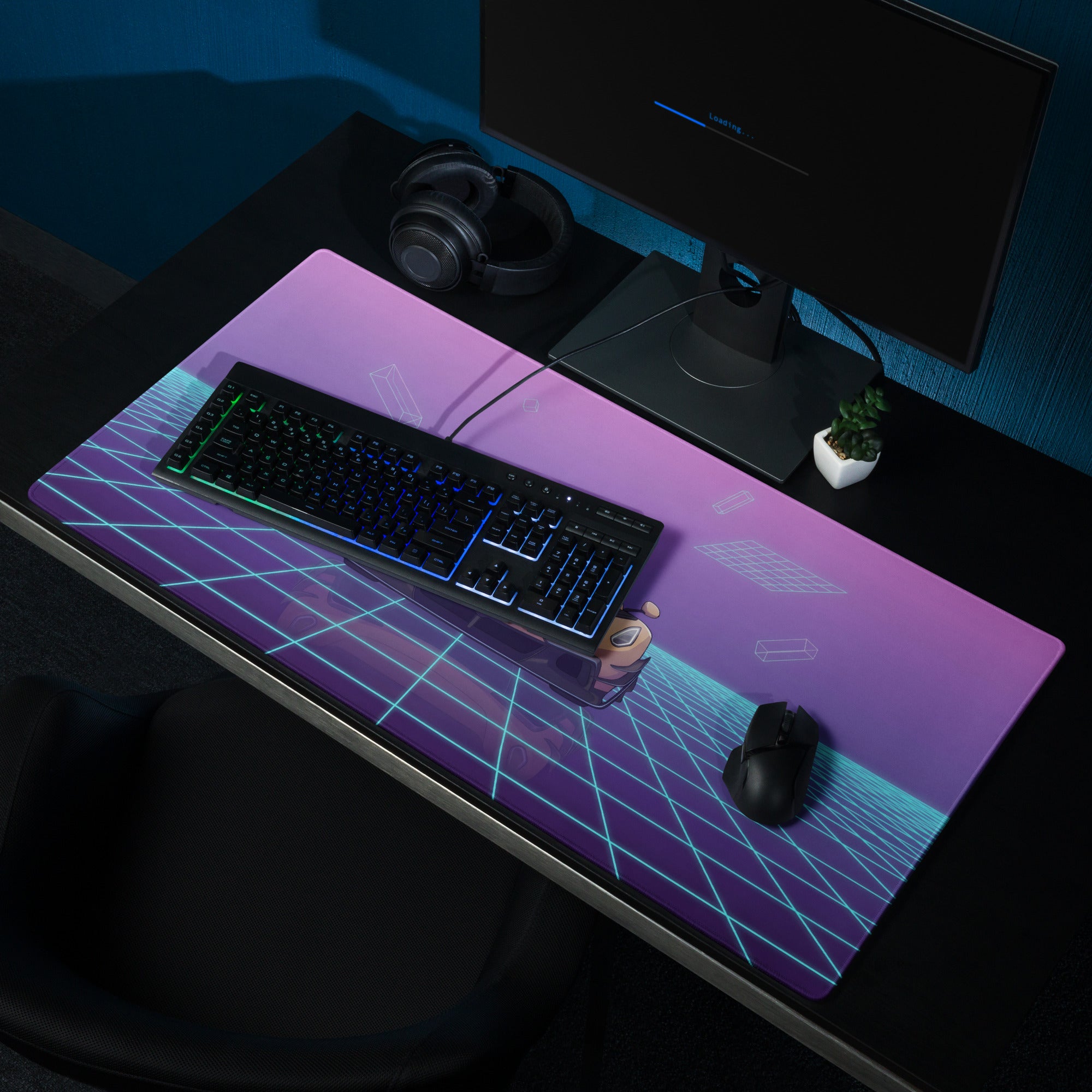 Koenigsegg Jesko Inspired Gold Cyan Vaporwave Gaming Mouse Pad – Neon Grid Desk Mat, Retro Futuristic Hypercar Digital Artwork