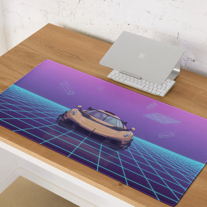 Koenigsegg Jesko Inspired Gold Cyan Vaporwave Gaming Mouse Pad – Neon Grid Desk Mat, Retro Futuristic Hypercar Digital Artwork