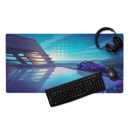 Lamborghini Revuelto Inspired Purple Blue Vaporwave Gaming Mouse Pad – Futuristic Lakeside Villa Desk Mat, Neon Night Supercar Digital Artwork