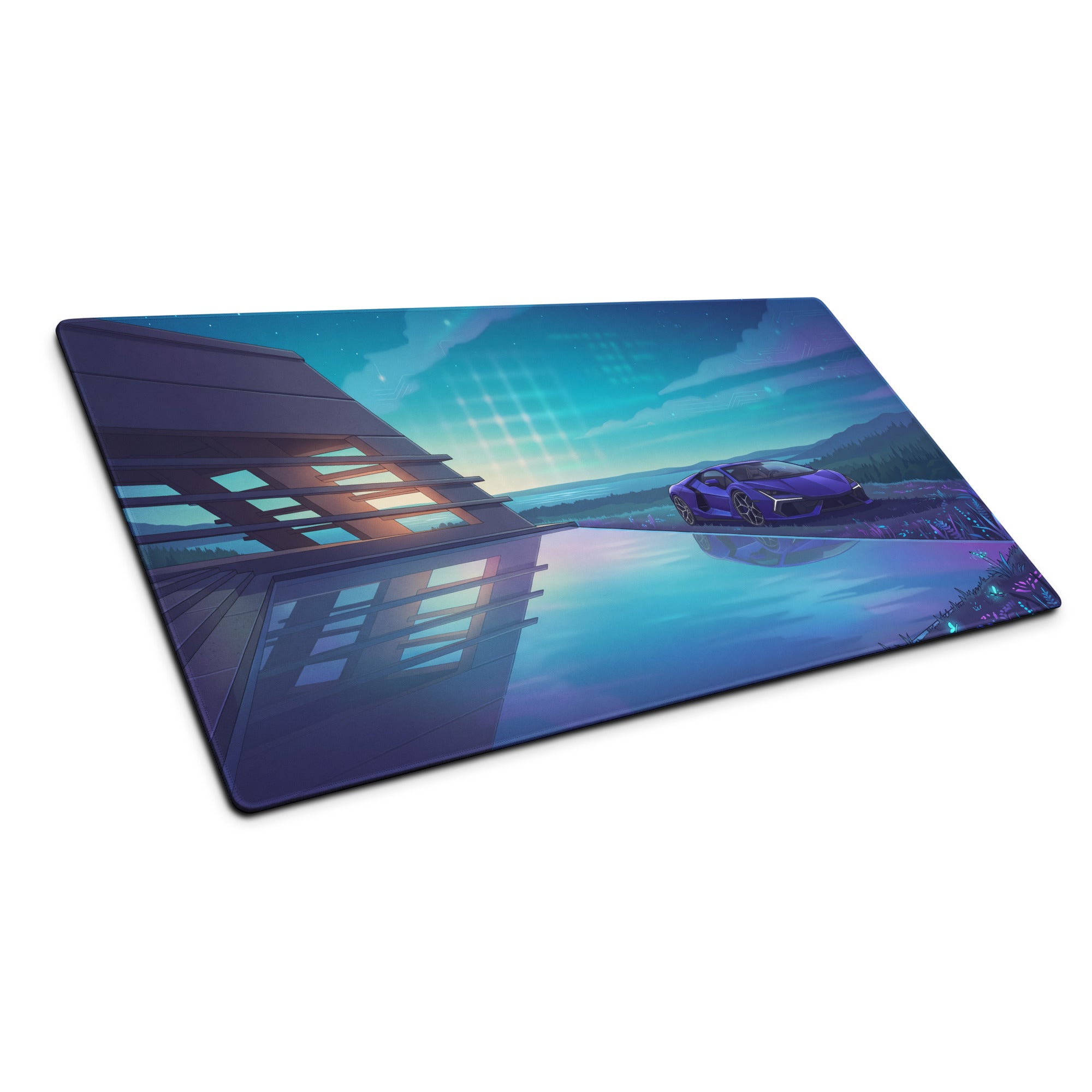 Lamborghini Revuelto Inspired Purple Blue Vaporwave Gaming Mouse Pad – Futuristic Lakeside Villa Desk Mat, Neon Night Supercar Digital Artwork