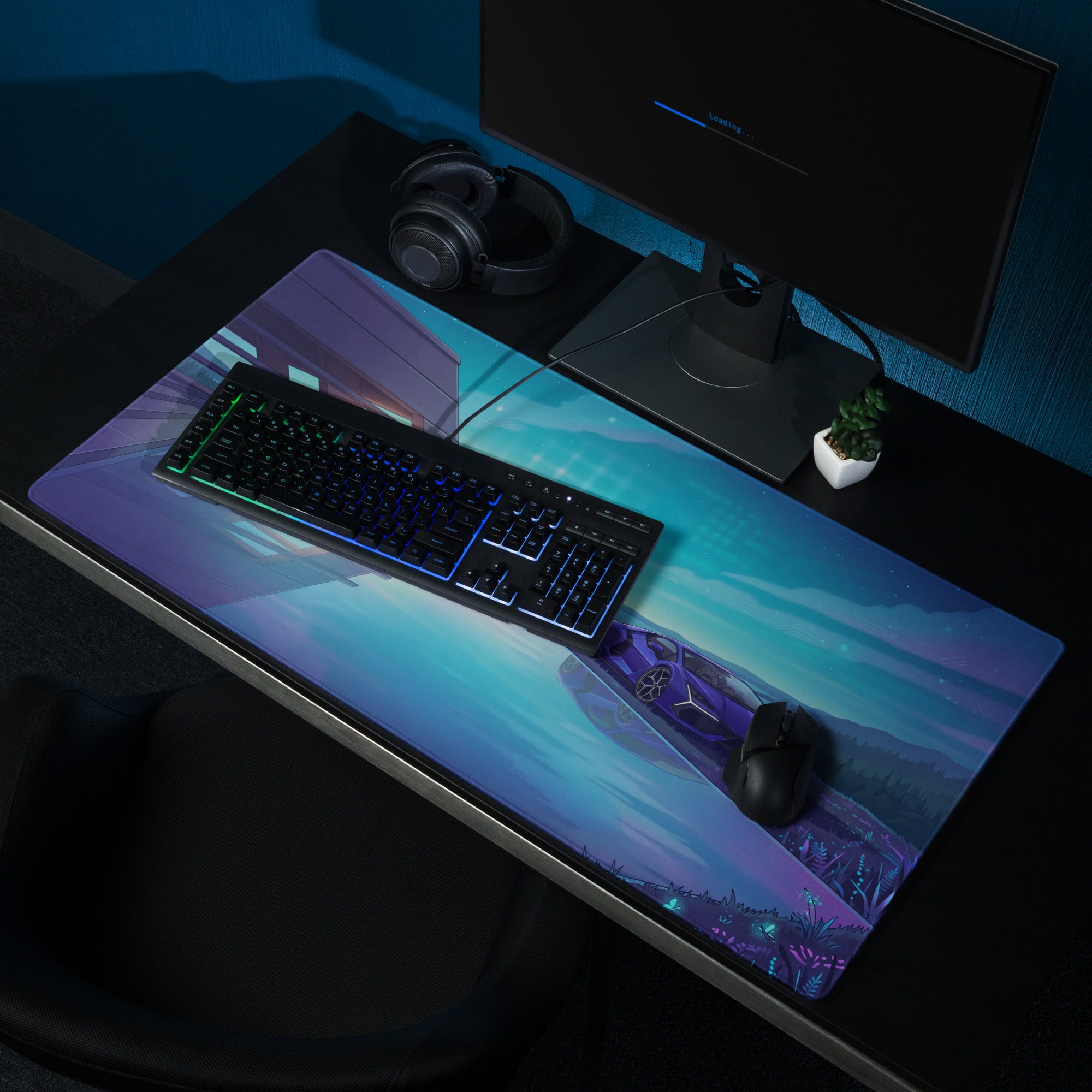 Lamborghini Revuelto Inspired Purple Blue Vaporwave Gaming Mouse Pad – Futuristic Lakeside Villa Desk Mat, Neon Night Supercar Digital Artwork