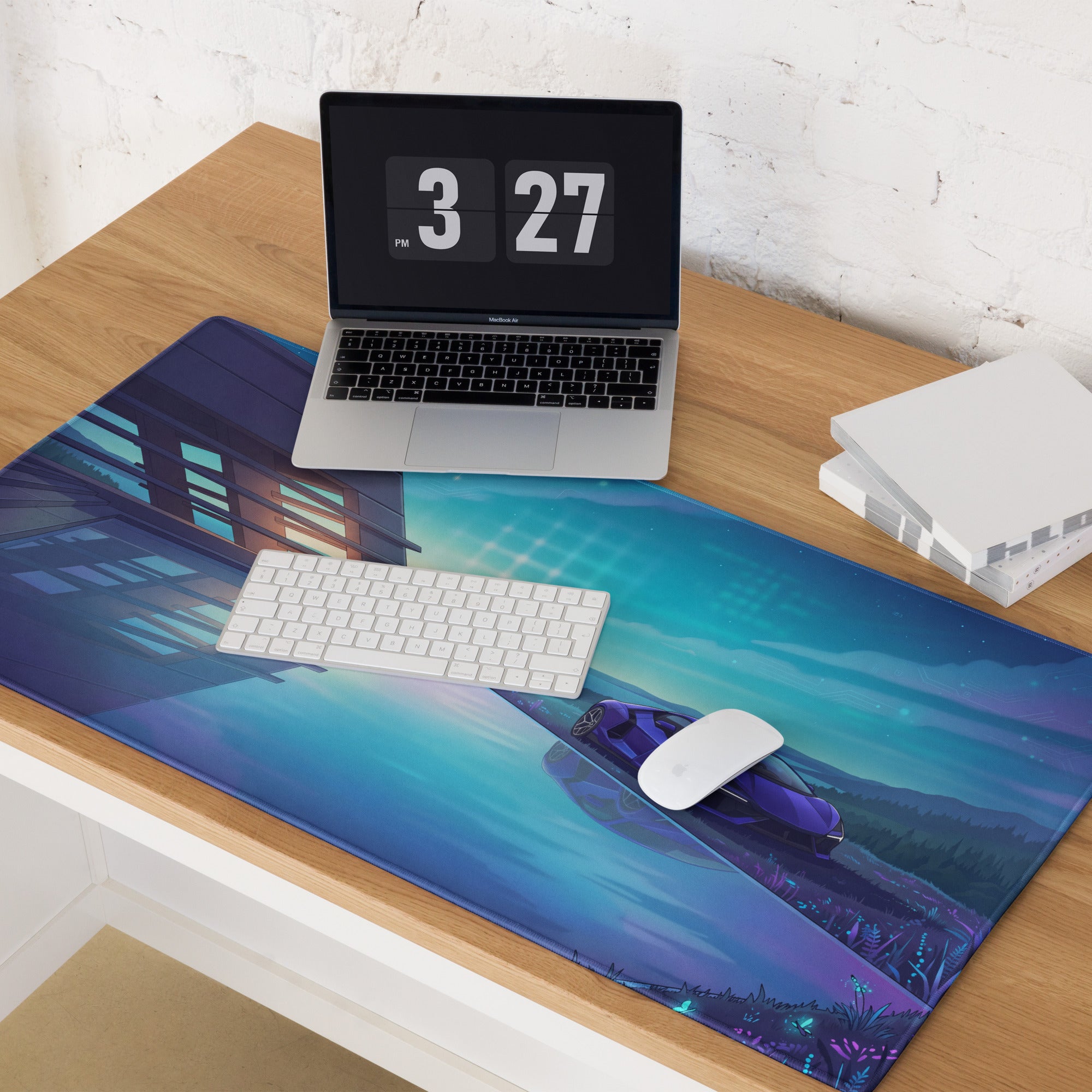 Lamborghini Revuelto Inspired Purple Blue Vaporwave Gaming Mouse Pad – Futuristic Lakeside Villa Desk Mat, Neon Night Supercar Digital Artwork