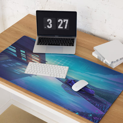 Lamborghini Revuelto Inspired Purple Blue Vaporwave Gaming Mouse Pad – Futuristic Lakeside Villa Desk Mat, Neon Night Supercar Digital Artwork