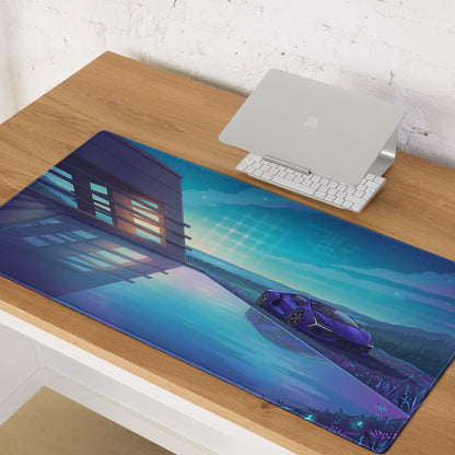 Lamborghini Revuelto Inspired Purple Blue Vaporwave Gaming Mouse Pad – Futuristic Lakeside Villa Desk Mat, Neon Night Supercar Digital Artwork