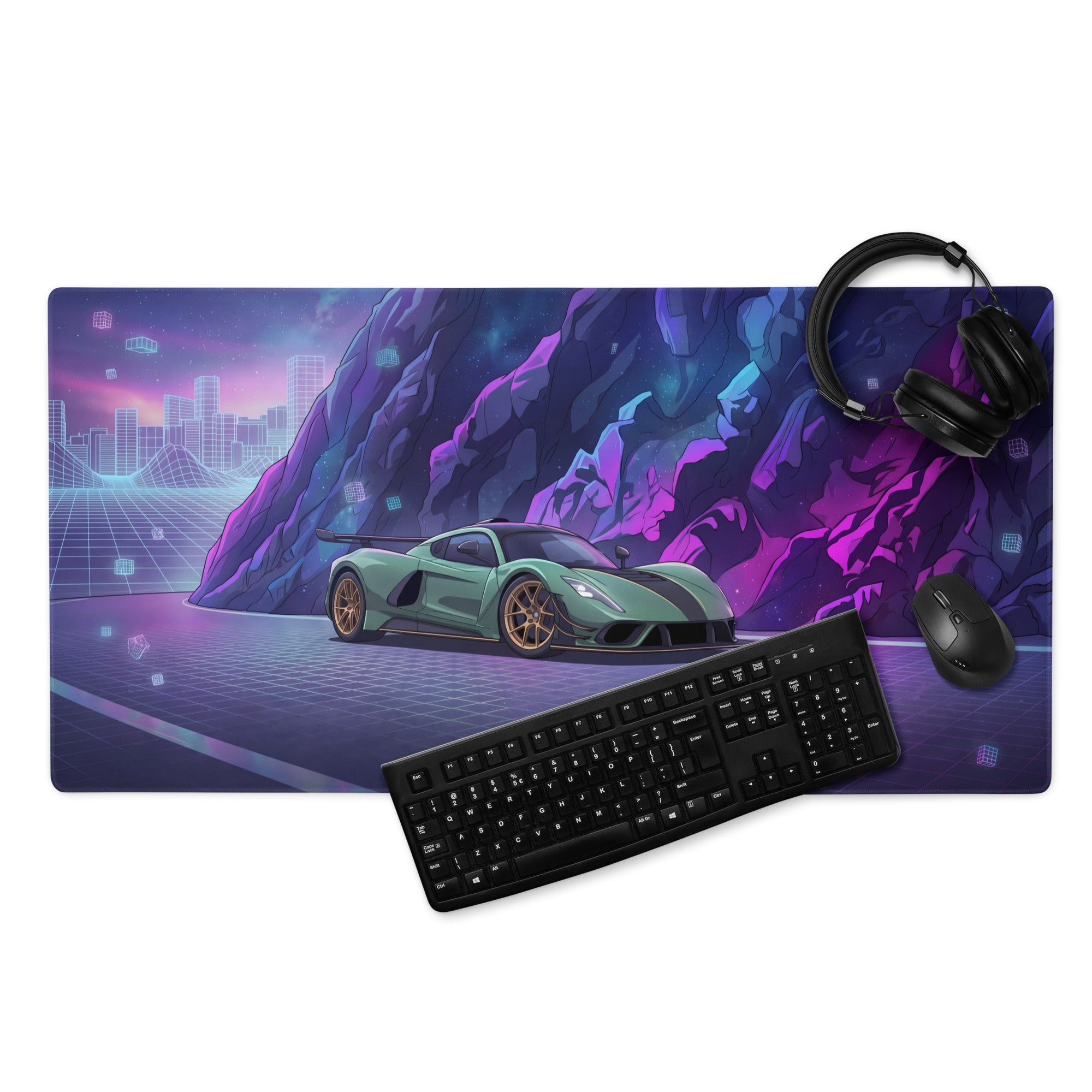 Hennessey Venom F5 Inspired Mint Green Purple Vaporwave Gaming Mouse Pad – Neon Cosmic Mountain Desk Mat, Futuristic Hypercar Digital Artwork