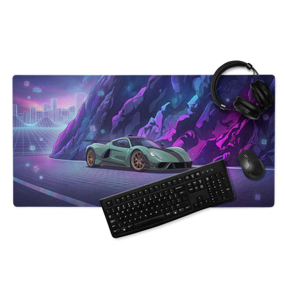 Hennessey Venom F5 Inspired Mint Green Purple Vaporwave Gaming Mouse Pad – Neon Cosmic Mountain Desk Mat, Futuristic Hypercar Digital Artwork
