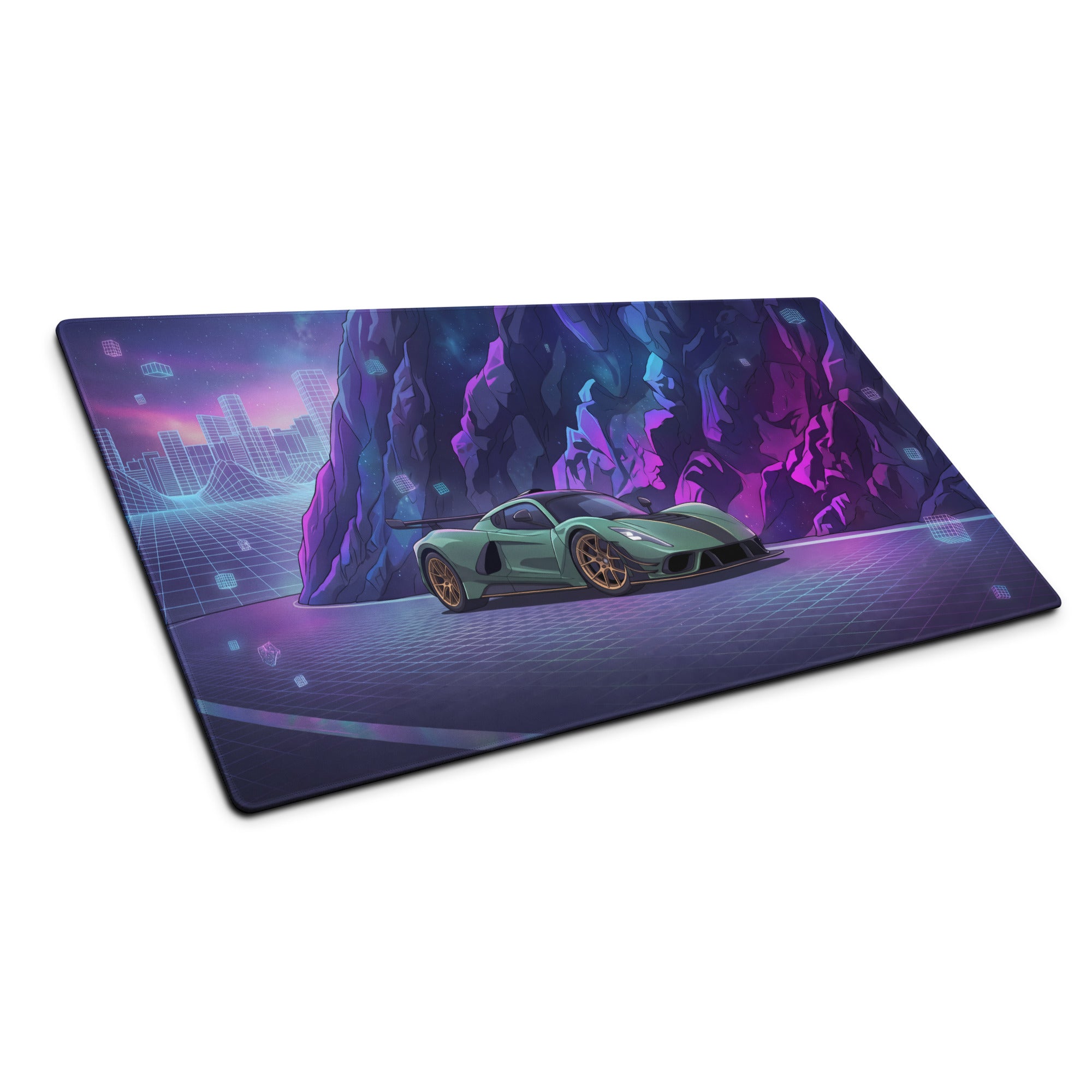 Hennessey Venom F5 Inspired Mint Green Purple Vaporwave Gaming Mouse Pad – Neon Cosmic Mountain Desk Mat, Futuristic Hypercar Digital Artwork