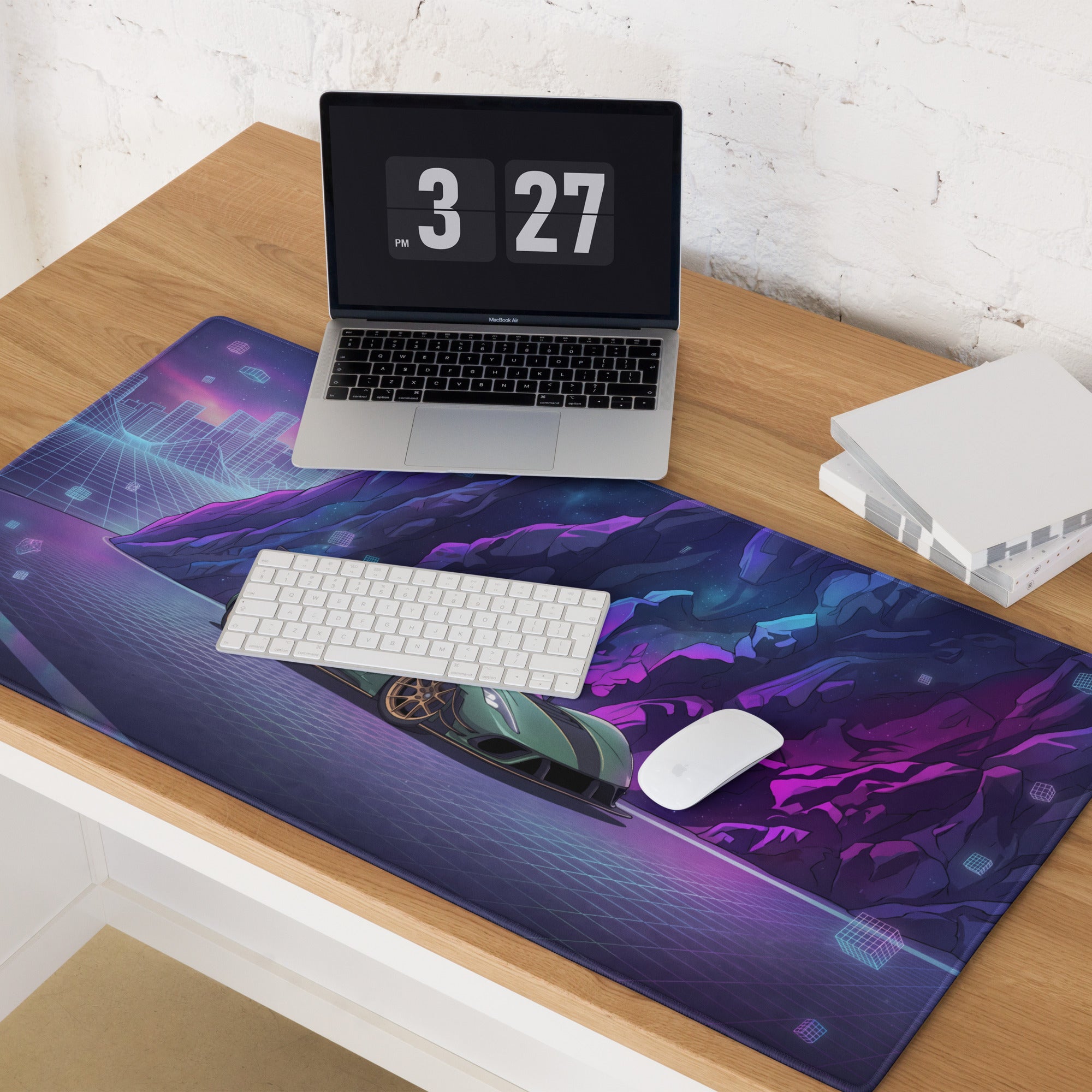 Hennessey Venom F5 Inspired Mint Green Purple Vaporwave Gaming Mouse Pad – Neon Cosmic Mountain Desk Mat, Futuristic Hypercar Digital Artwork