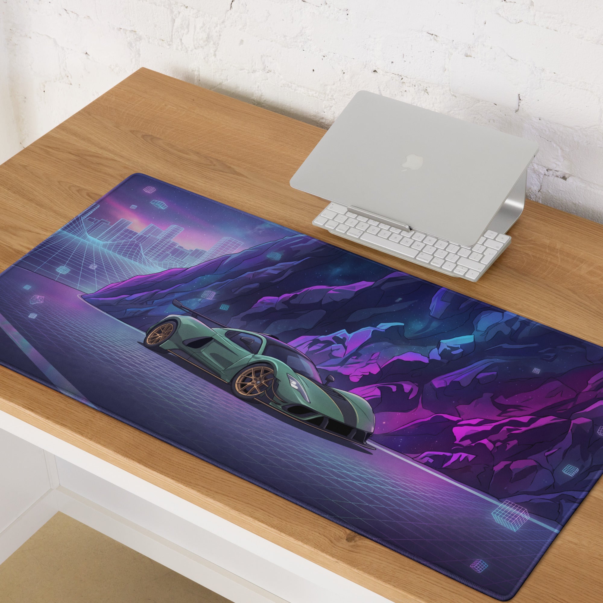 Hennessey Venom F5 Inspired Mint Green Purple Vaporwave Gaming Mouse Pad – Neon Cosmic Mountain Desk Mat, Futuristic Hypercar Digital Artwork