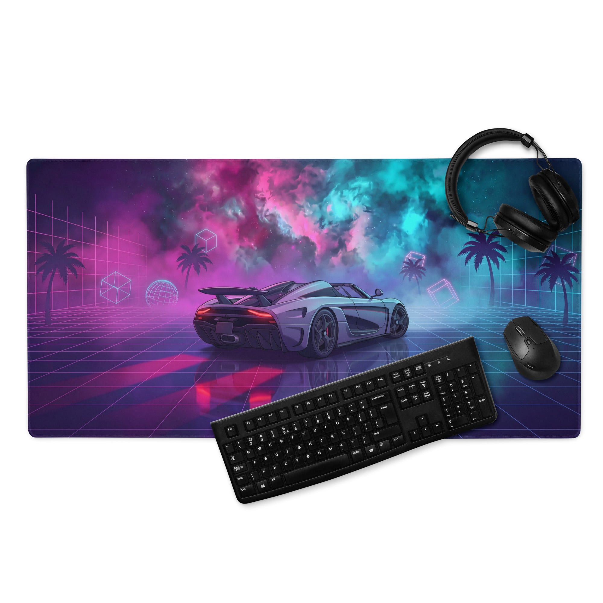 Koenigsegg Regera Inspired Silver Pink Cyan Vaporwave Gaming Mouse Pad – Neon Cosmic Grid Desk Mat, Retro Futuristic Hypercar Digital Artwork