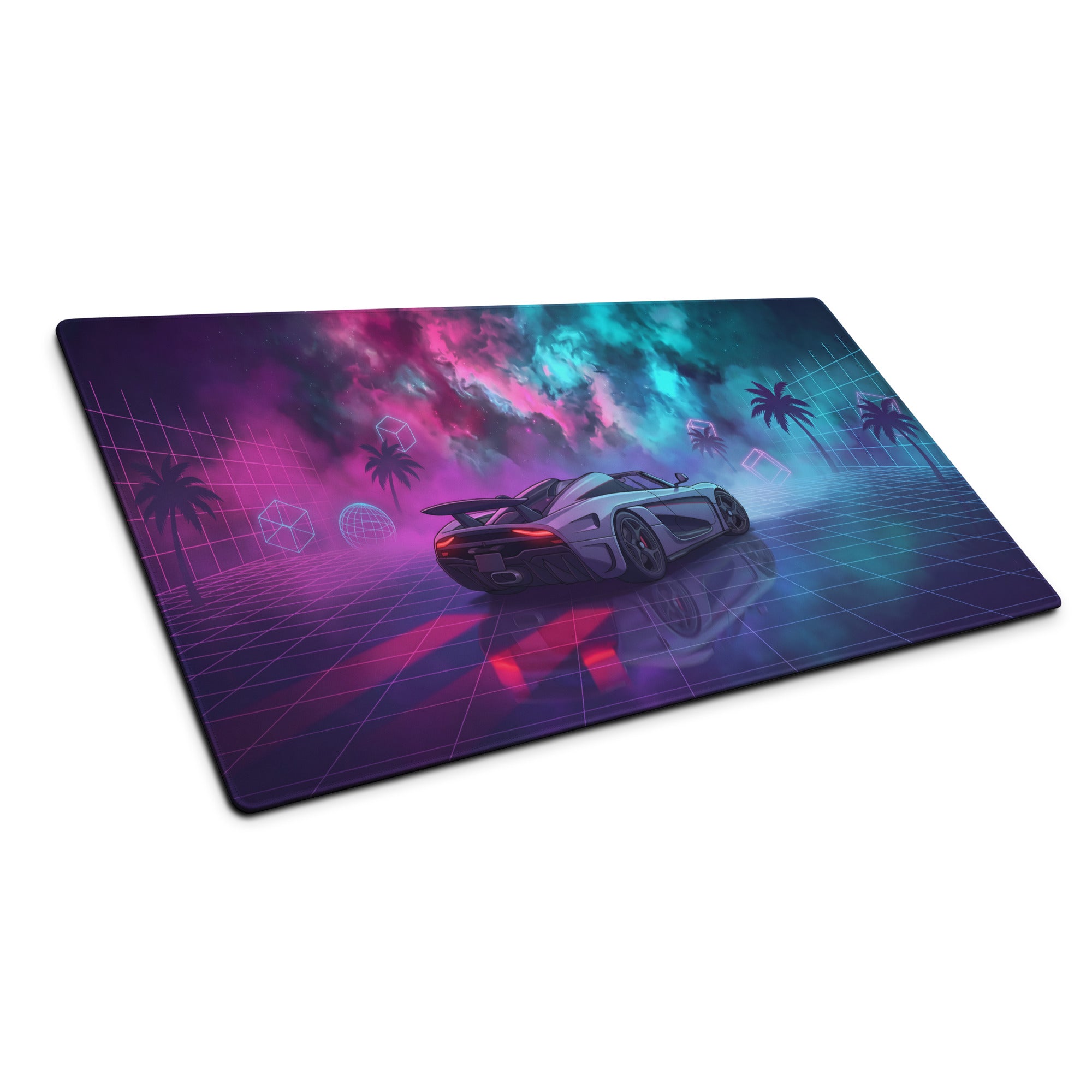 Koenigsegg Regera Inspired Silver Pink Cyan Vaporwave Gaming Mouse Pad – Neon Cosmic Grid Desk Mat, Retro Futuristic Hypercar Digital Artwork