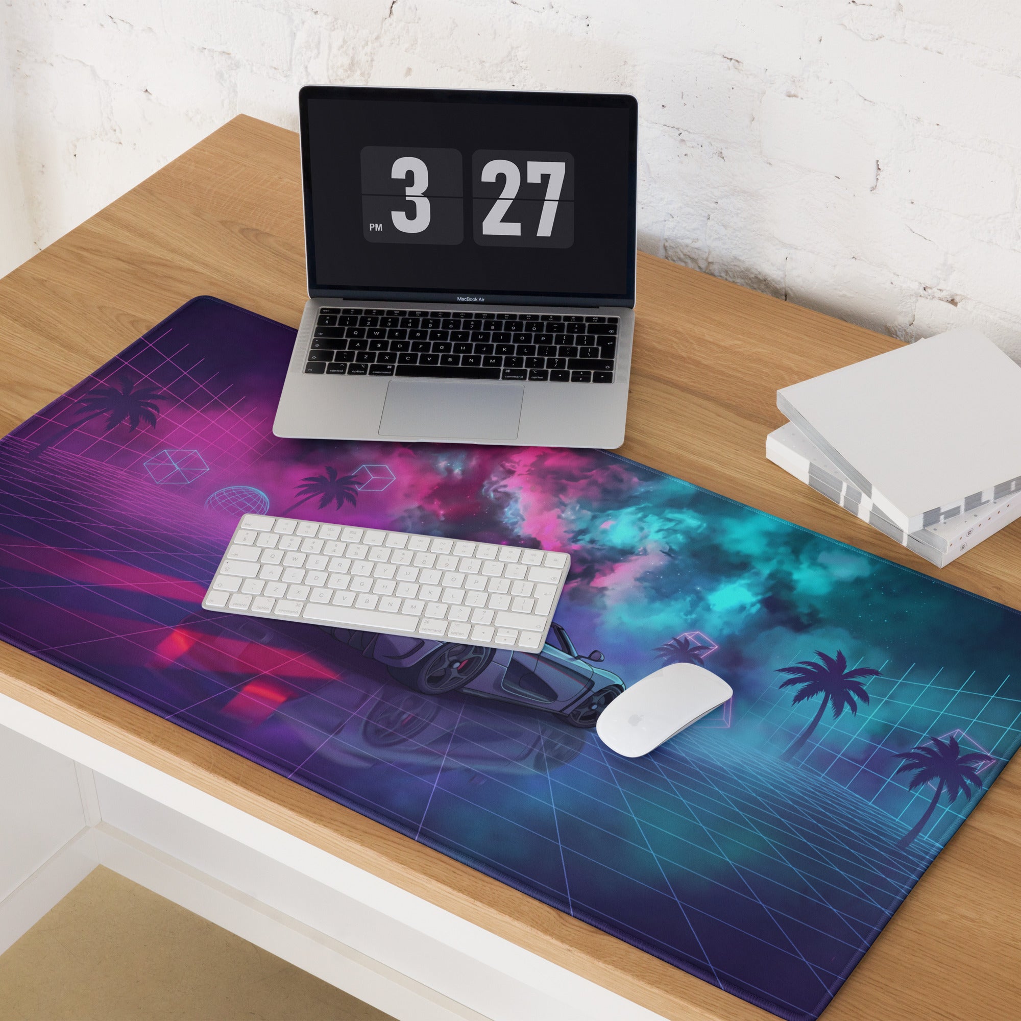 Koenigsegg Regera Inspired Silver Pink Cyan Vaporwave Gaming Mouse Pad – Neon Cosmic Grid Desk Mat, Retro Futuristic Hypercar Digital Artwork