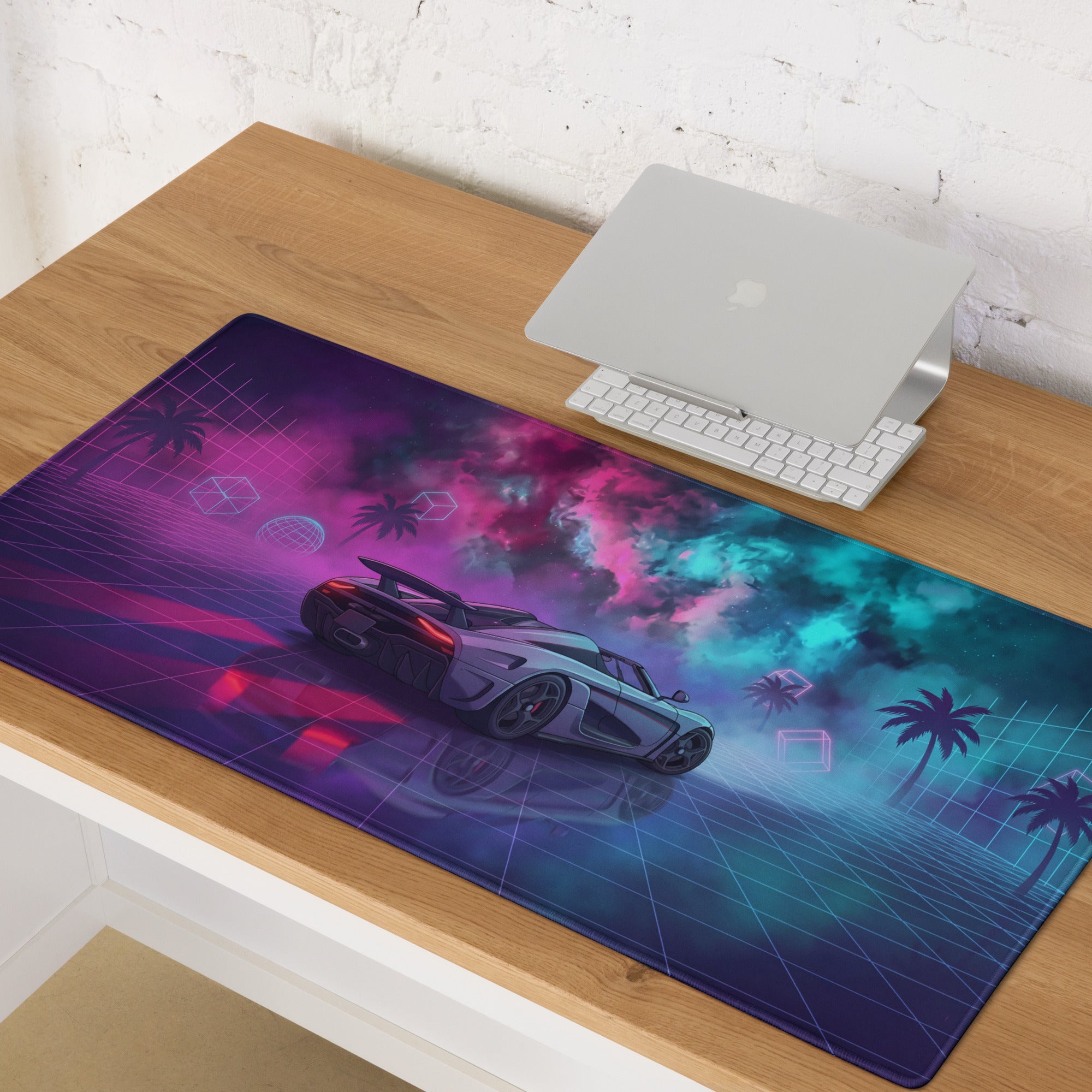 Koenigsegg Regera Inspired Silver Pink Cyan Vaporwave Gaming Mouse Pad – Neon Cosmic Grid Desk Mat, Retro Futuristic Hypercar Digital Artwork