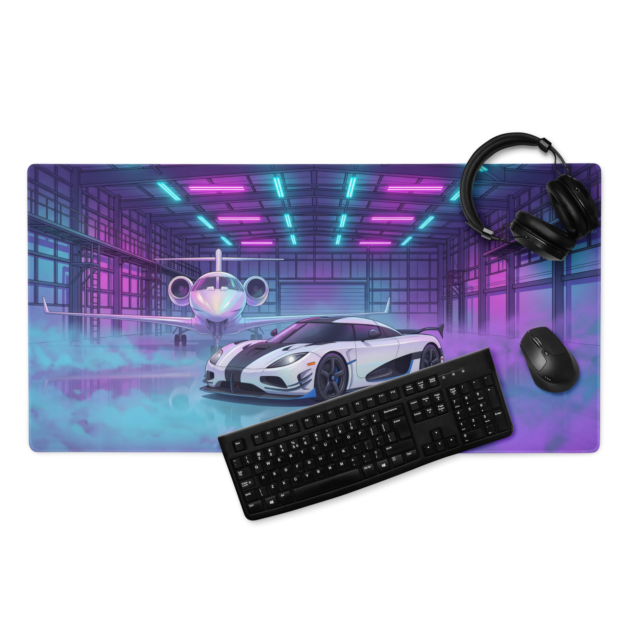 Koenigsegg Agera RS Inspired White Cyan Vaporwave Gaming Mouse Pad – Neon Private Jet Hangar Desk Mat, Futuristic Hypercar Digital Artwork