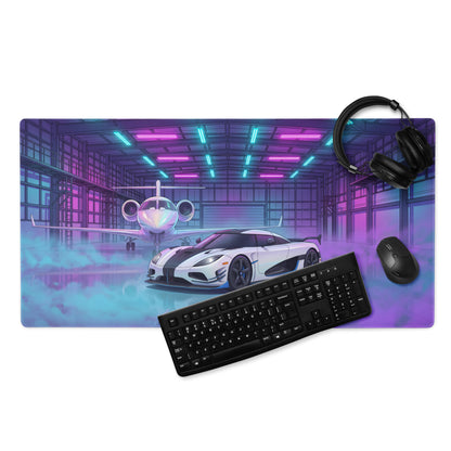 Koenigsegg Agera RS Inspired White Cyan Vaporwave Gaming Mouse Pad – Neon Private Jet Hangar Desk Mat, Futuristic Hypercar Digital Artwork