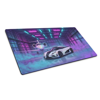 Koenigsegg Agera RS Inspired White Cyan Vaporwave Gaming Mouse Pad – Neon Private Jet Hangar Desk Mat, Futuristic Hypercar Digital Artwork