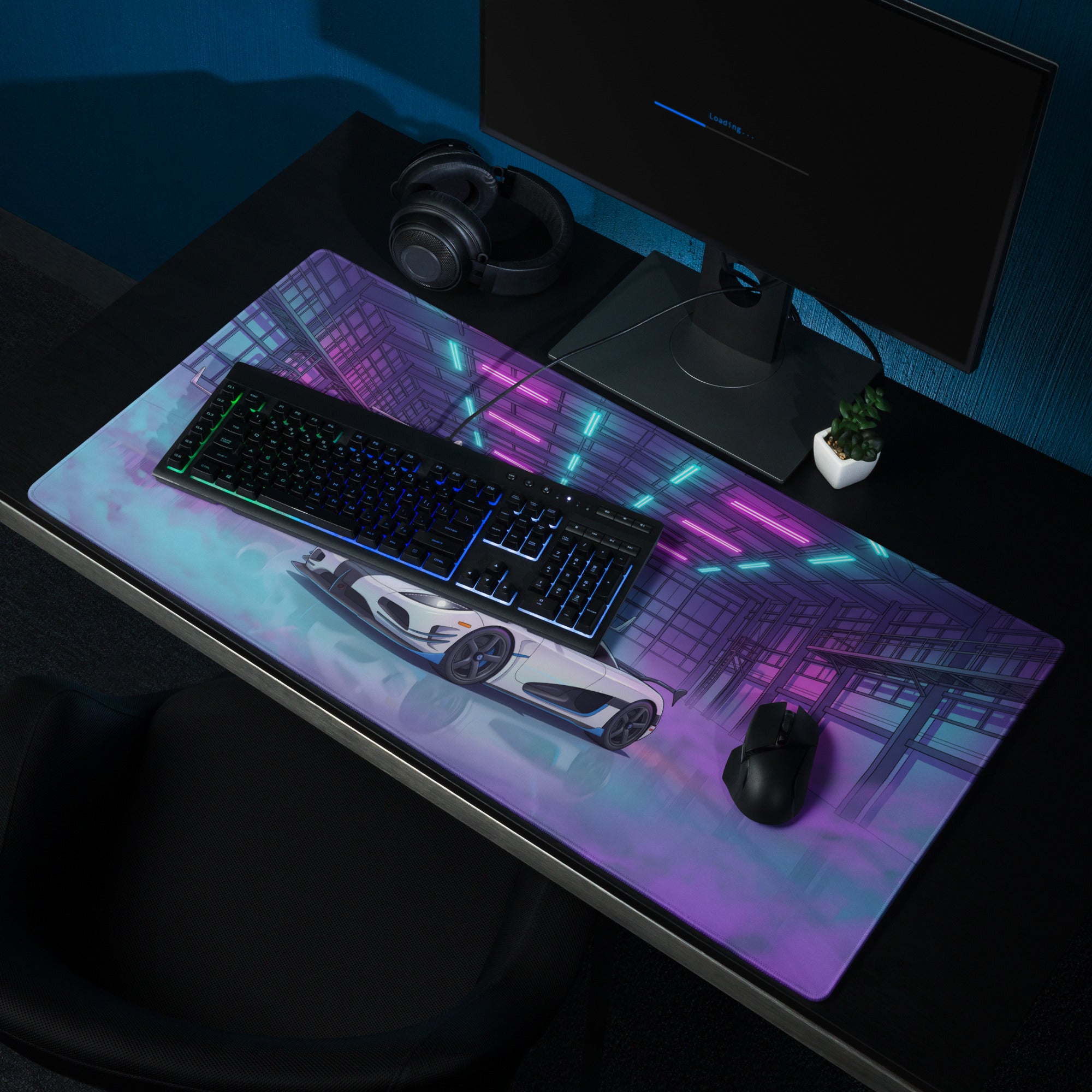 Koenigsegg Agera RS Inspired White Cyan Vaporwave Gaming Mouse Pad – Neon Private Jet Hangar Desk Mat, Futuristic Hypercar Digital Artwork