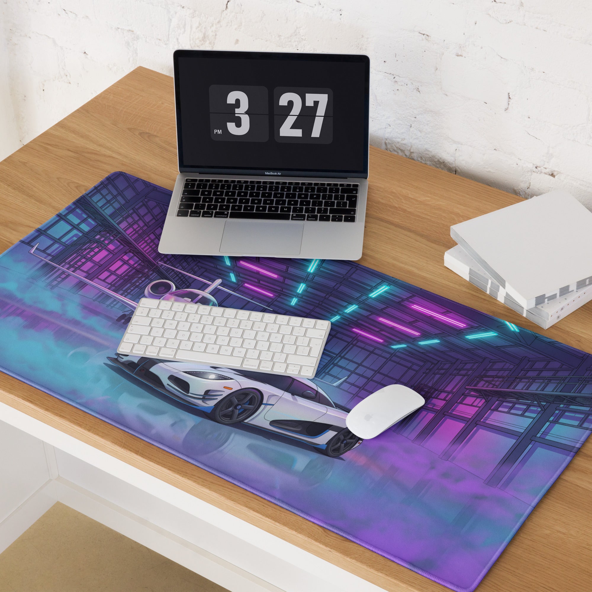 Koenigsegg Agera RS Inspired White Cyan Vaporwave Gaming Mouse Pad – Neon Private Jet Hangar Desk Mat, Futuristic Hypercar Digital Artwork