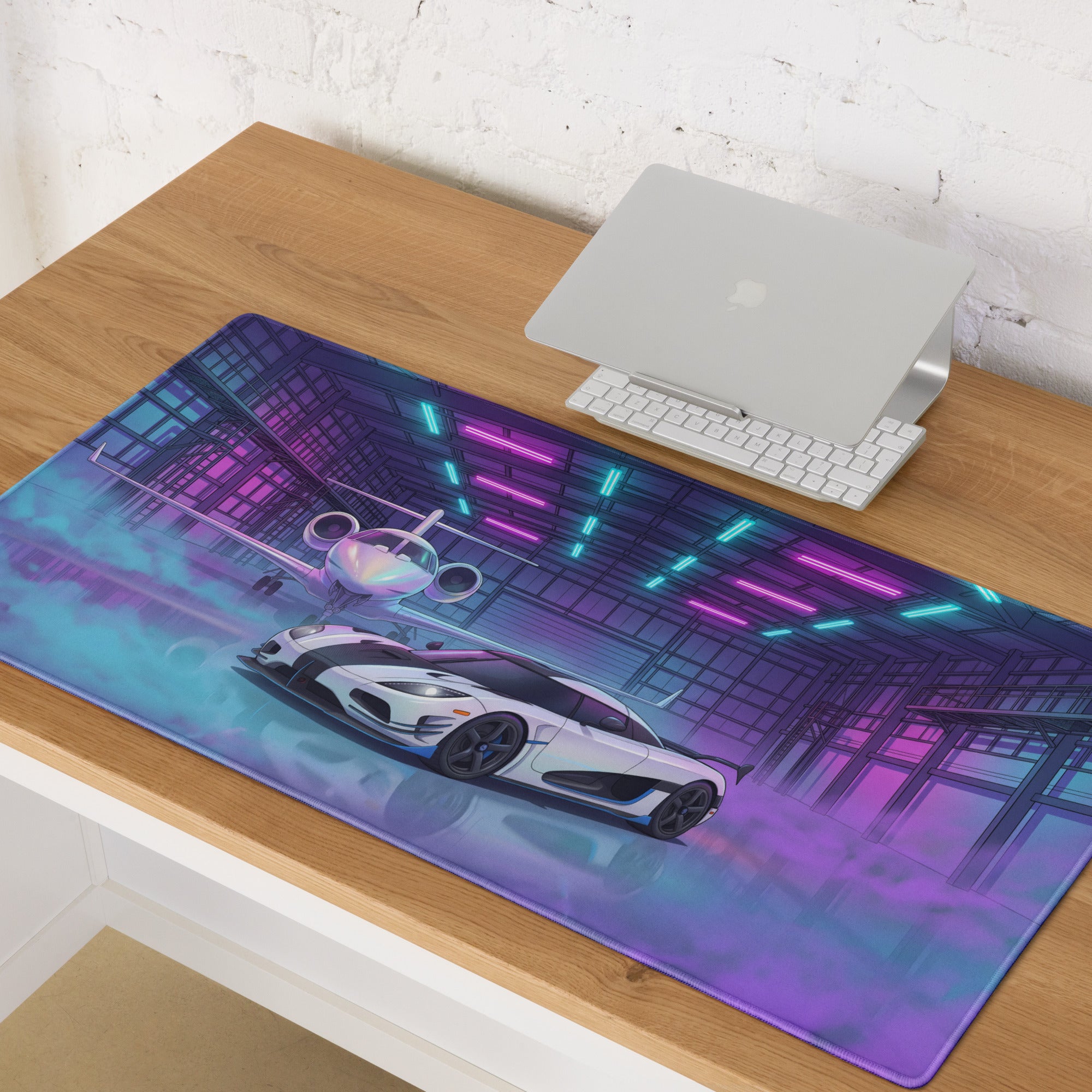 Koenigsegg Agera RS Inspired White Cyan Vaporwave Gaming Mouse Pad – Neon Private Jet Hangar Desk Mat, Futuristic Hypercar Digital Artwork