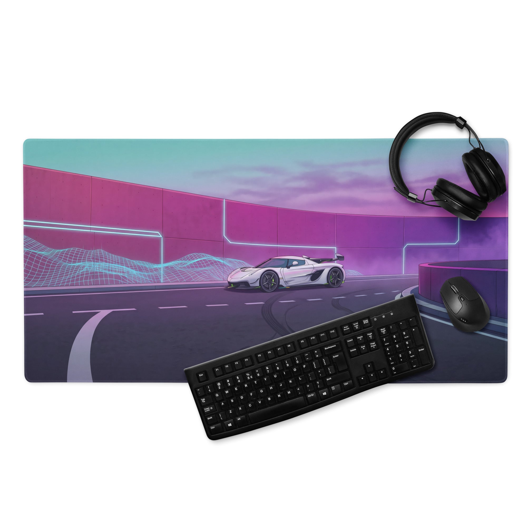 Koenigsegg Jesko Attack Inspired White Purple Vaporwave Gaming Mouse Pad – Neon Futuristic Highway Desk Mat, Retro Hypercar Digital Artwork