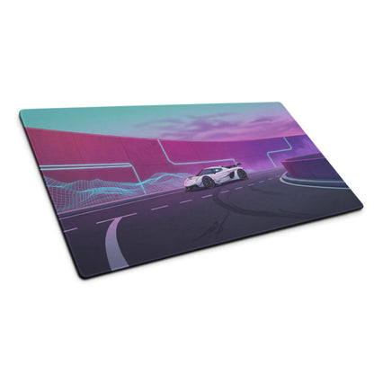 Koenigsegg Jesko Attack Inspired White Purple Vaporwave Gaming Mouse Pad – Neon Futuristic Highway Desk Mat, Retro Hypercar Digital Artwork