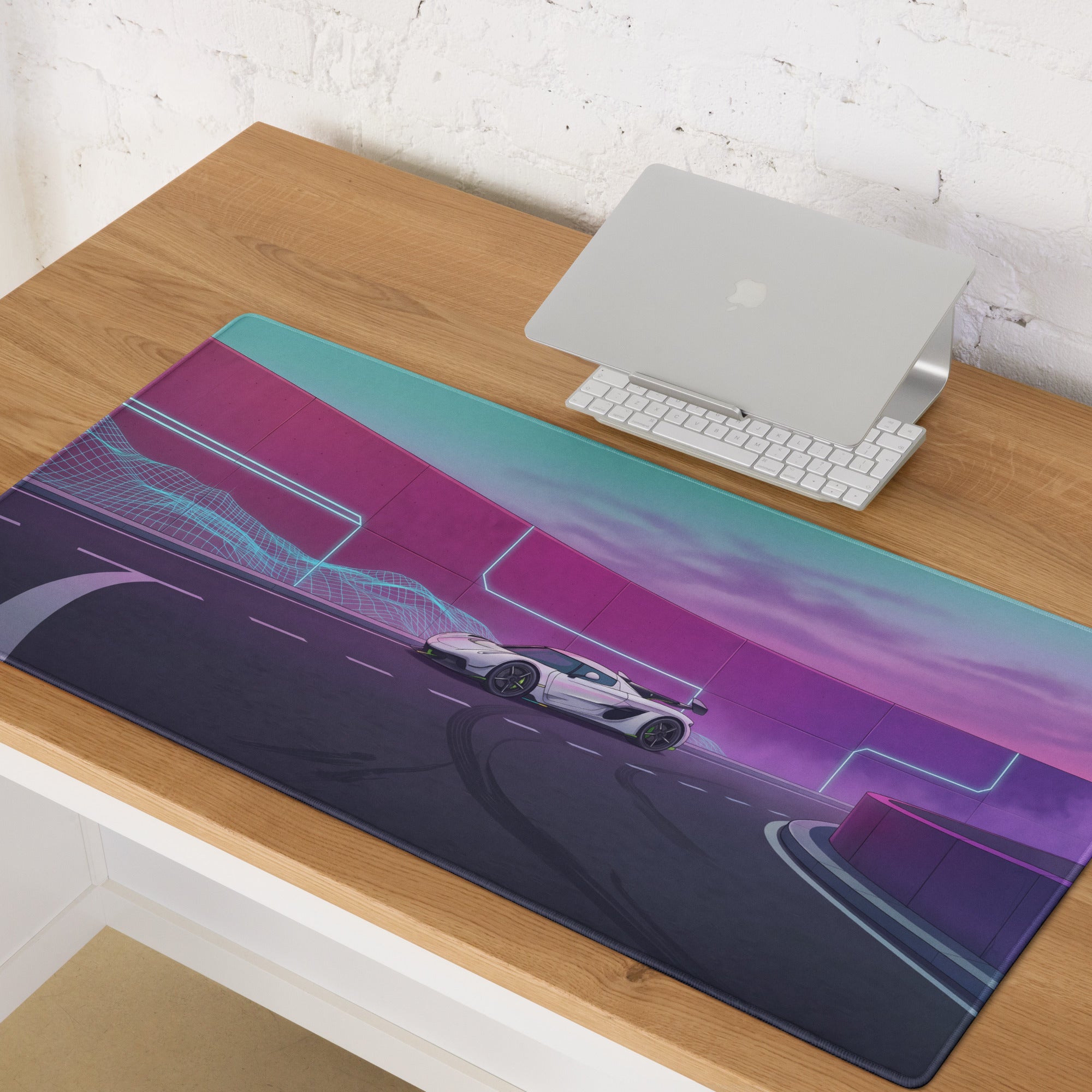Koenigsegg Jesko Attack Inspired White Purple Vaporwave Gaming Mouse Pad – Neon Futuristic Highway Desk Mat, Retro Hypercar Digital Artwork