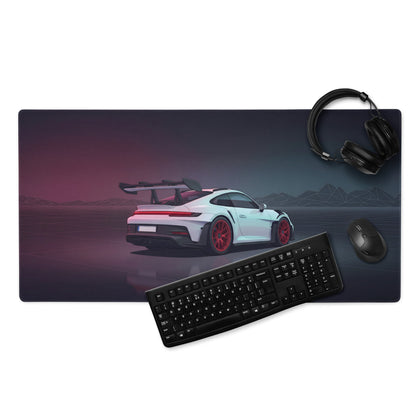 Porsche 911 GT3 RS Inspired White Red Vaporwave Gaming Mouse Pad – Dark Neon Mountain Grid Desk Mat, Futuristic Supercar Digital Artwork