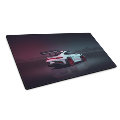 Porsche 911 GT3 RS Inspired White Red Vaporwave Gaming Mouse Pad – Dark Neon Mountain Grid Desk Mat, Futuristic Supercar Digital Artwork